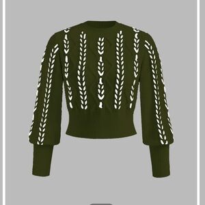 Commense Olive Green Cable Knit Crewneck Sweater with White Stitch Detail